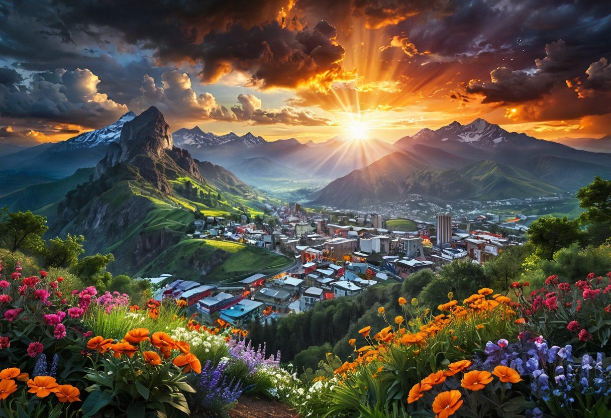A captivating collage showcasing a mundane scene transforming into a breathtaking landscape, featuring a dull gray cityscape evolving into a vibrant sunset over mountains, with lush greenery and flourishing flowers bursting forth. Ethereal light beams cutting through clouds, symbolizing inspiration and creativity. Blur effects emphasizing motion towards the extraordinary. super-realistic. vibrant colors. 3D.