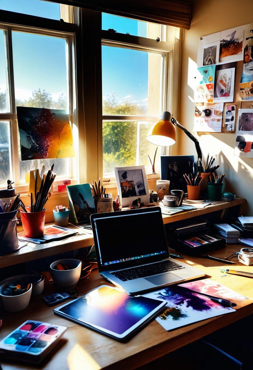 A vibrant workspace featuring an artist's desk cluttered with colorful photo editing tools, such as brushes, digital tablets, and a laptop displaying stunning edited images. Bright sunlight streams in through a window, casting creative shadows, while splashes of paint on the walls embody inspiration. A mood board filled with diverse visual designs hangs nearby. surrealistic. vibrant colors. soft focus.