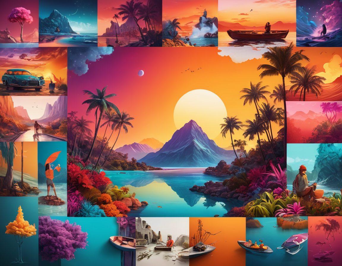 A dynamic collage showcasing various forms of visual storytelling, including graphic designs, storyboards, and illustrations. Elements like a vibrant color palette, layered textures, and engaging characters should evoke creativity and artistry. Include tools like brushes, palettes, and digital screens to represent skill elevation in design. The background should blend a warm and inviting gradient that inspires imagination. super-realistic. vibrant colors. 3D.